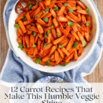 White serving bowl filled with roasted baby carrots, garnished with fresh herbs, with a spoon and a stack of blue-and-white plates on the side.