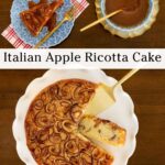 talian Apple Ricotta Cake with a golden apple topping and a slice removed, served with caramel sauce and plated on a blue floral plate.