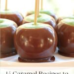 Closeup photo of Caramel Apples on a white pedestal serving plate.