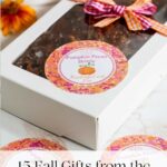Pumpkin Brittle in a white box with orange and white ribbon and printed labels.