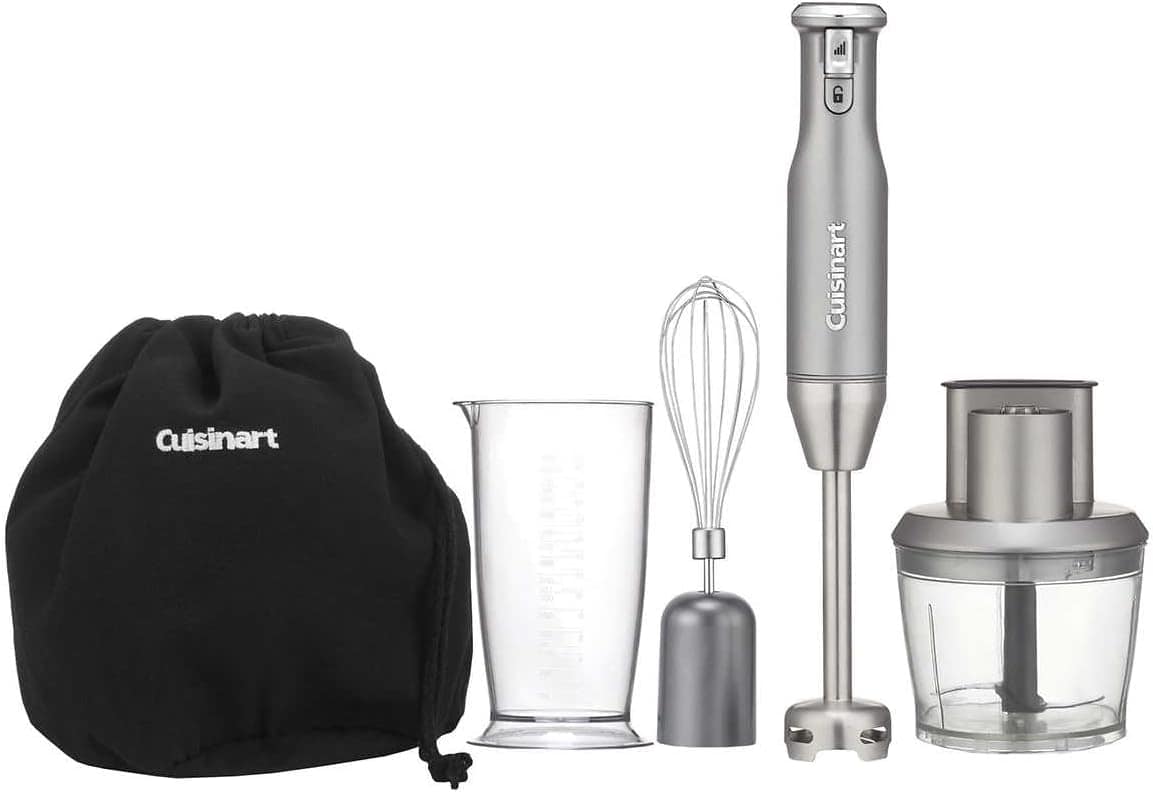 an immersion blender set with a whisk, jar and mini blender complete with a black storage bag