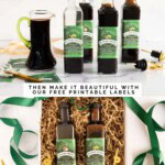 Collage of homemade Fig-Infused Balsamic Vinegar bottles with printable labels and a gift box featuring Apple and Fig Balsamic Vinegars with green ribbon and gold pour spouts.