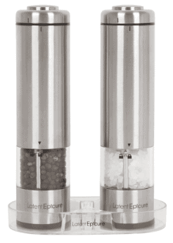Electric Salt and Pepper Grinder Set sitting an a clear plastic tray