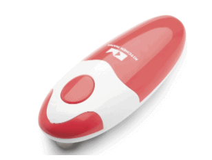 a red and white hand hand held electric can opener