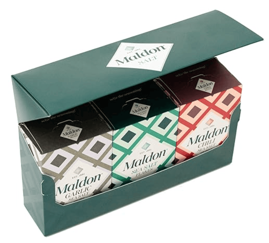 a boxed set of three types of maldon sea salt