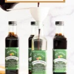 Fig infused balsamic vingar poured into glass jars with printable labels.