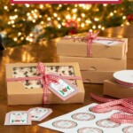 Peppermint bark fudge in boxes with printed labels and ribbon on a wooden table.
