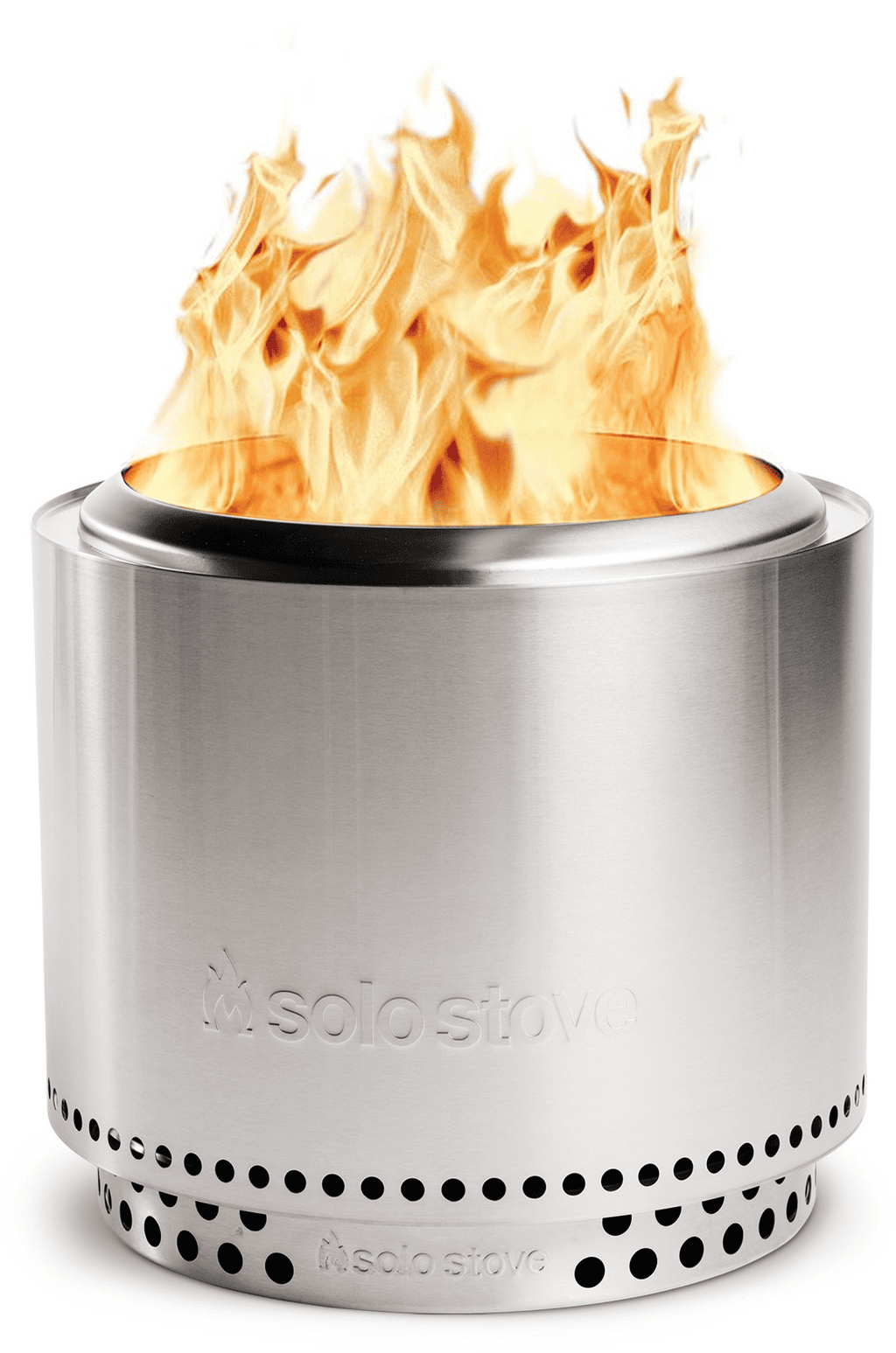 A stainless steel firepit with flames coming out of the top