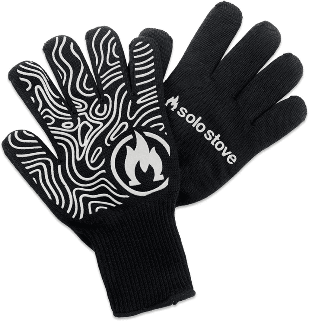 Black Solo Stove heat proof gloves with white grip lines