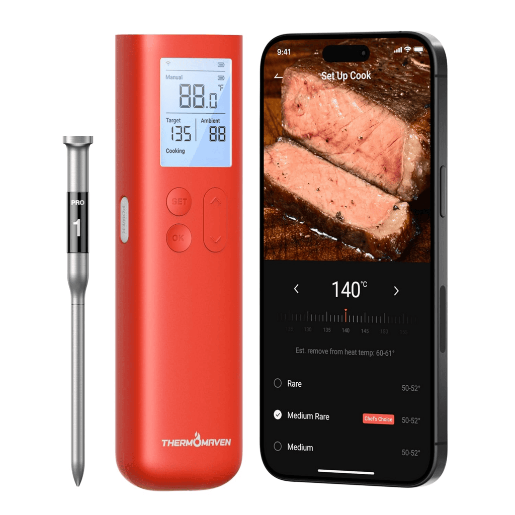 Wireless meat thermometer displaying temperature on an iPhone screen as well as a remote reporter. 