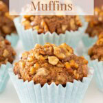 Pinterest pin showing a close-up of a maple-glazed banana walnut bran muffin in a pale blue liner with text overlay reading “Bakery-Style Banana Bran Muffins”.
