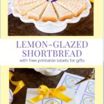 Delicious lemon-glazed shortbread on a white platter with edible flowers, perfect for tea or gifting.