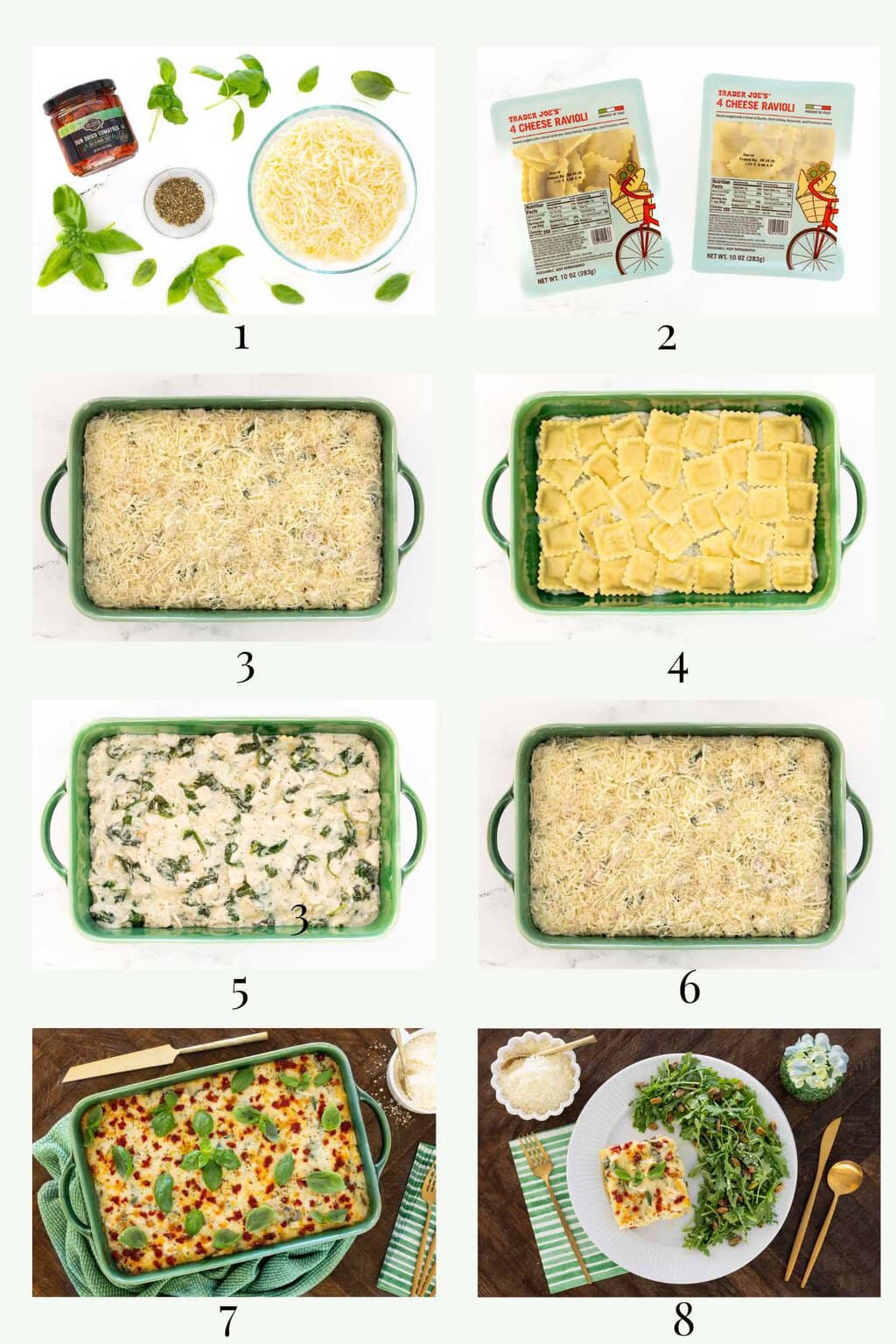Step-by-step photo collage showing how to assemble chicken and spinach ravioli lasagna with layers of sauce, fresh ravioli, chicken spinach filling, cheese, and the finished baked casserole.