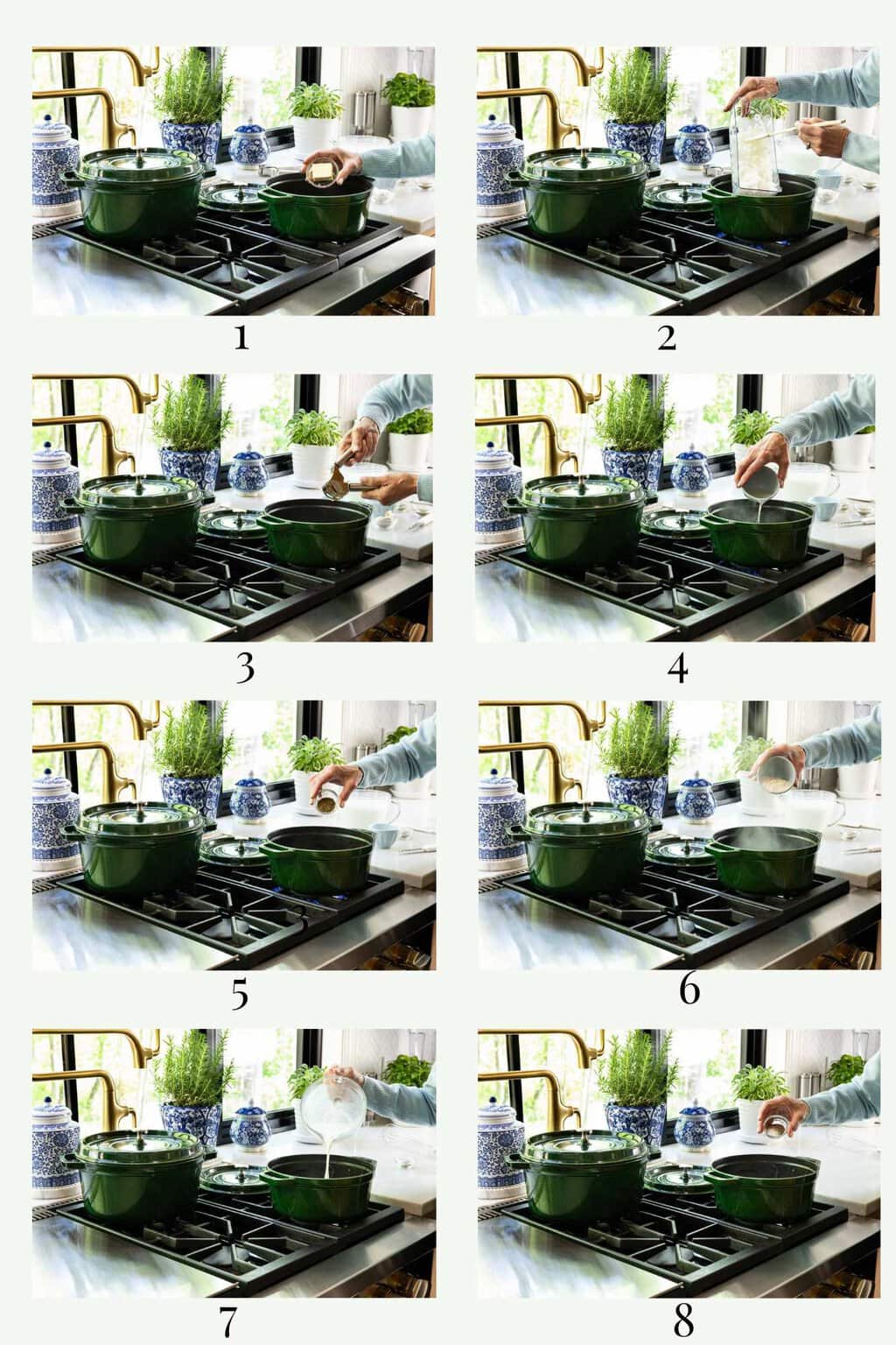 Step-by-step photo collage showing how to make Parmesan sauce for chicken and spinach ravioli lasagna with butter, onion, seasonings, flour, milk, and cheese in a saucepan.