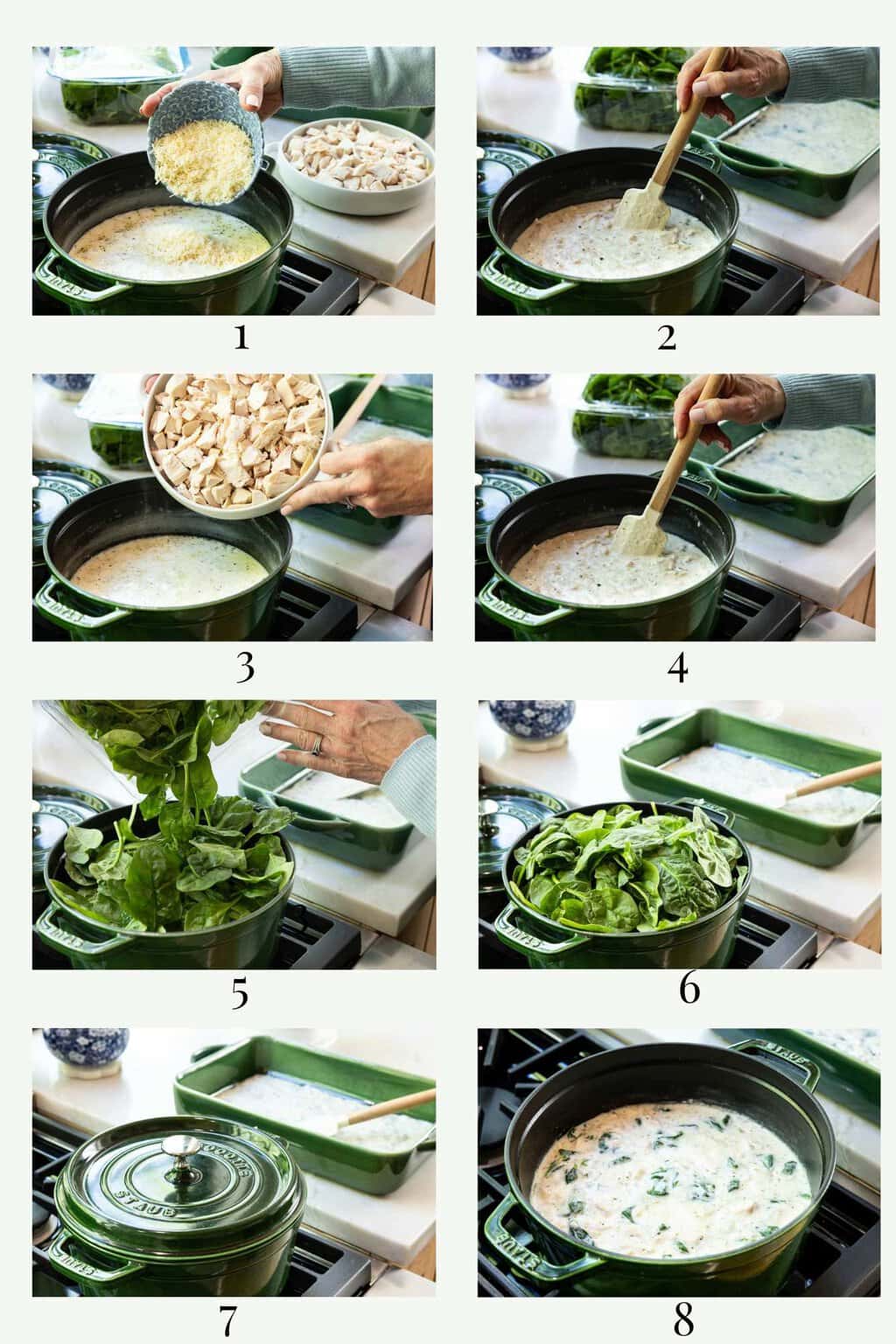 Step-by-step photo collage showing Parmesan sauce being finished with chicken, spinach, and cheese for chicken and spinach ravioli lasagna in a green Dutch oven.