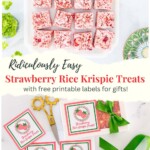 Overhead view of strawberry rice krispie treats cut into squares with printable gift labels and green ribbon, styled for gifting