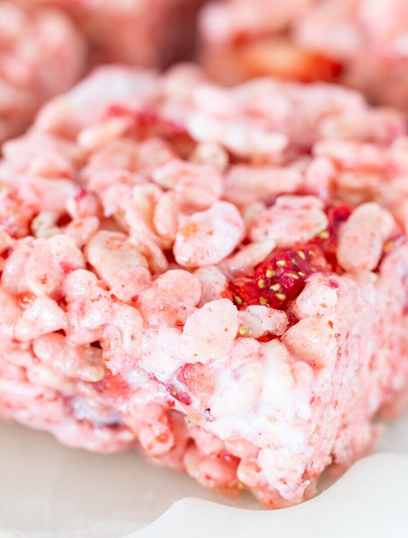 These Strawberry Rice Krispie Treats are soft, chewy and packed with real strawberry flavor from freeze-dried berries! With gooey marshmallow pockets and an easy no-bake method, they're a fun and delicious treat for any occasion.
