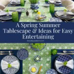Blue and green spring summer tablescape with patterned dishes, green glassware, floral centerpieces, herb planters and easy entertaining ideas for elegant gatherings.