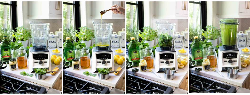 Step-by-step collage showing the process of making Honey Lemon Mint Salad Dressing in a blender with honey, fresh mint and lemons.