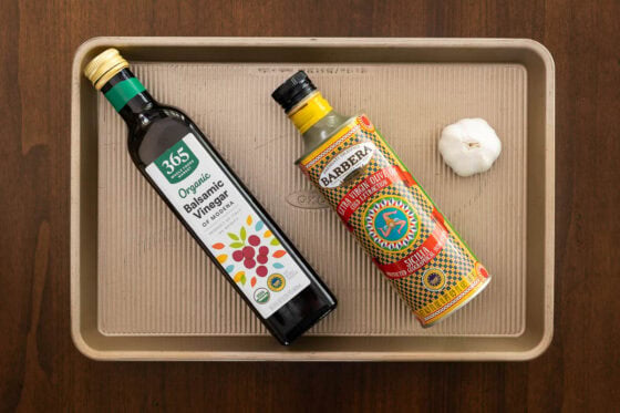 Balsamic vinegar, olive oil and fresh garlic, key ingredients for One-Pan Balsamic Rosemary Chicken.