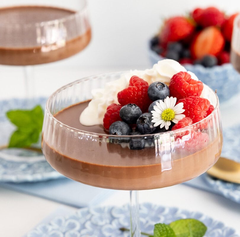 Chocolate panna cotta served in a glass dessert coupe and topped with whipped cream, fresh raspberries and blueberries.