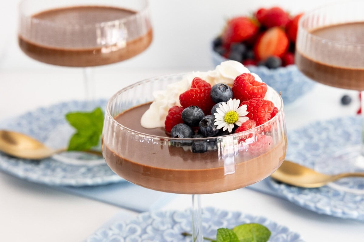 Chocolate panna cotta served in a glass dessert coupe and topped with whipped cream, fresh raspberries and blueberries.