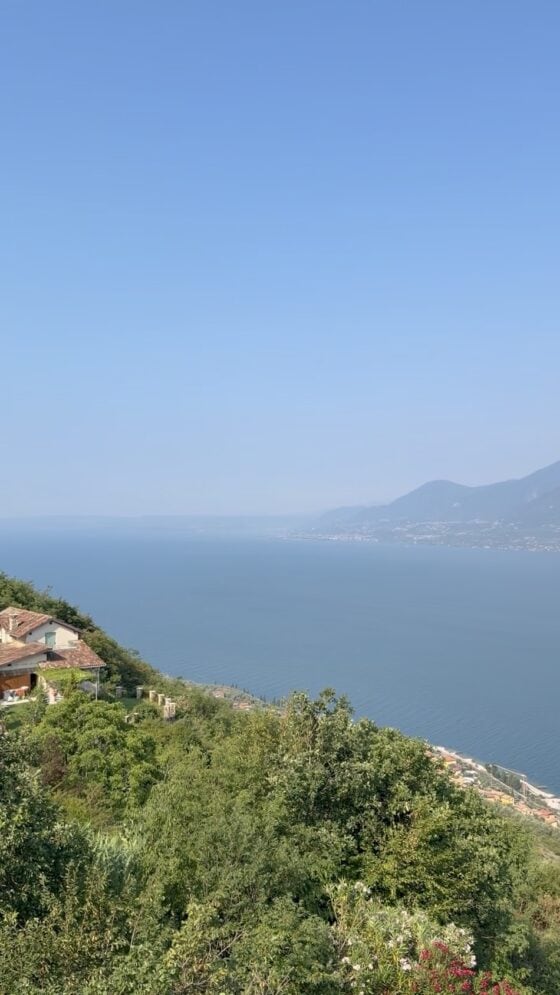 Panoramic view of Lake Garda from a hillside terrace with blue water, mountains, and lush greenery in northern Italy.