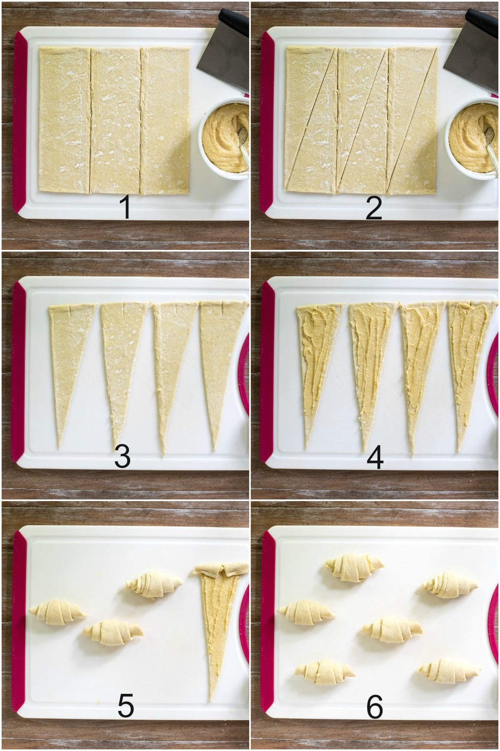 Vertical photo collage of six process shots demonstrating how to cut, fill and roll up Ridiculously Easy Almond Croissants on a cutting board.