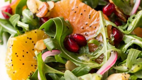 arugula orange salad with lemon ginger dressing This Citrus Arugula Salad with a sweet and tangy Orange Poppy Seed Vinaigrette is made with a mix of arugula, radicchio, cucumber, oranges, walnuts, pomegranate and crumbled feta. It's light, refreshing, nourishing