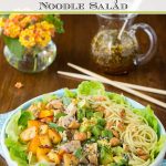 Vertical closeup photo of a serving dish filled with Asian Chicken and Coconut Curry Noodle Salad.