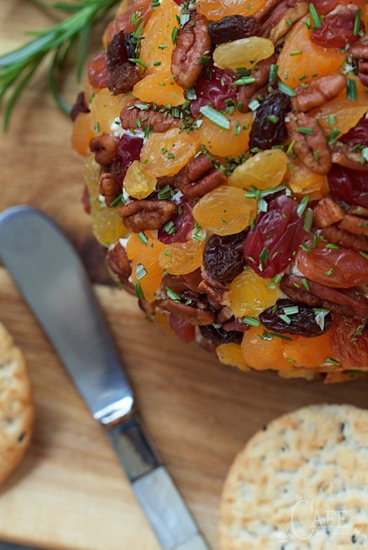 Autumnal Cheeseball - a fabulous, make-ahead appetizer with sharp cheddar cheese, fresh herbs, dried fruit and a splash of horseradish for zip!