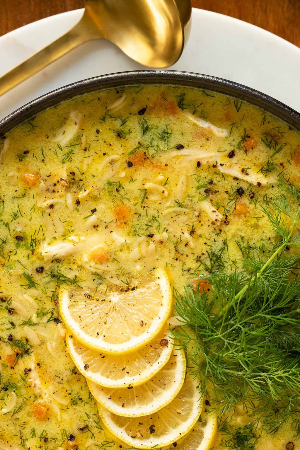 Vertical closeup overhead photo of a pot of Avgolemono (Greek Chicken Pasta Soup) garnished with dill sprigs and lemon slices.