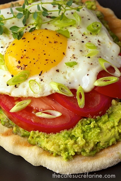 Closeup photo of Avocado Breakfast Flatbreads.
