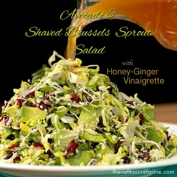 California Avocado and Shaved Brussels Sprout Salad - a deliciously healthy, fun salad that's loaded with good things for you. Perfect anytime! The Honey-Ginger Vinaigrette Dressing takes it over the top!