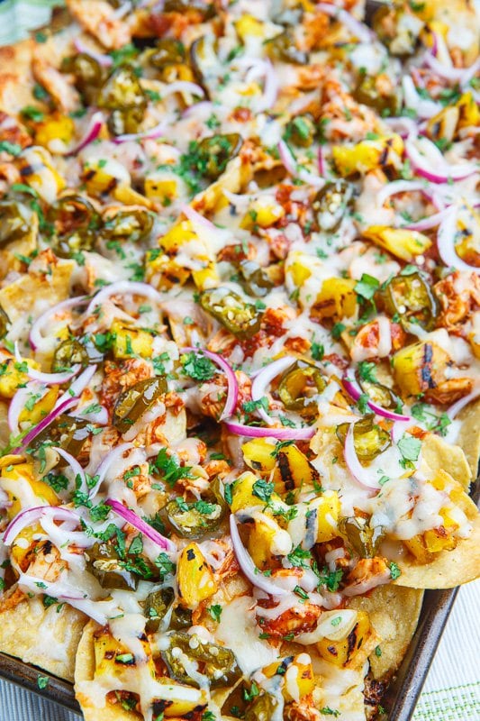 Close up photo of BBQ Chicken and Grilled Pineapple Nachos.
