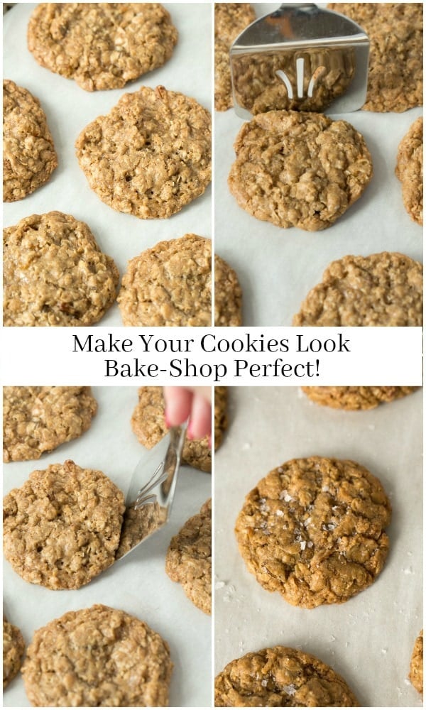 How to fix unshapely oatmeal raisin cookies by nudging into shape them with a metal spatula while hot. thecafesucrefarine.com