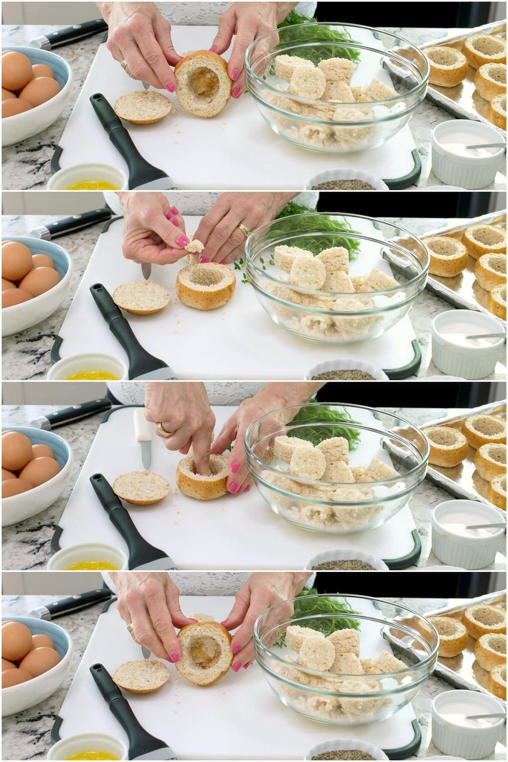 Step-by-step photo collage of how to make Baked Eggs in Bread Baskets - Part 2