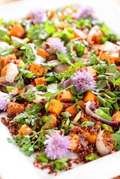 Close up vertical picture of a quinoa and sweet potato salad