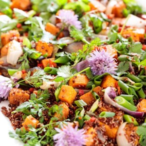 Close up vertical picture of a quinoa and sweet potato salad