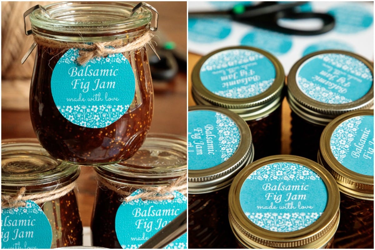 Two photos of jars of Easy Balsamic Fig Jam with turquoise custom labels attached.