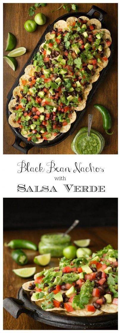 Pinterest pin of Black Bean Nachos with Salsa Verde and a graphics description.