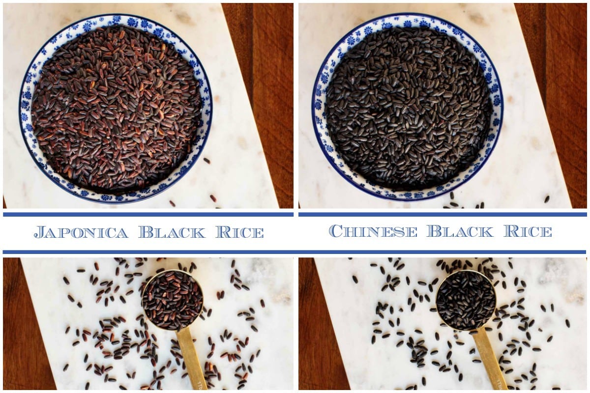Comparison photos of Japonica black rice and Chinese black rice in bowls on a marble and wood table.