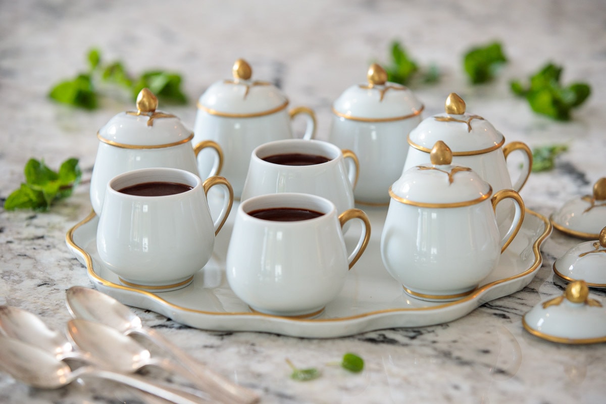 Photo of a serving set of Blender Chocolate Pots de Crème in Limoges serving cups.