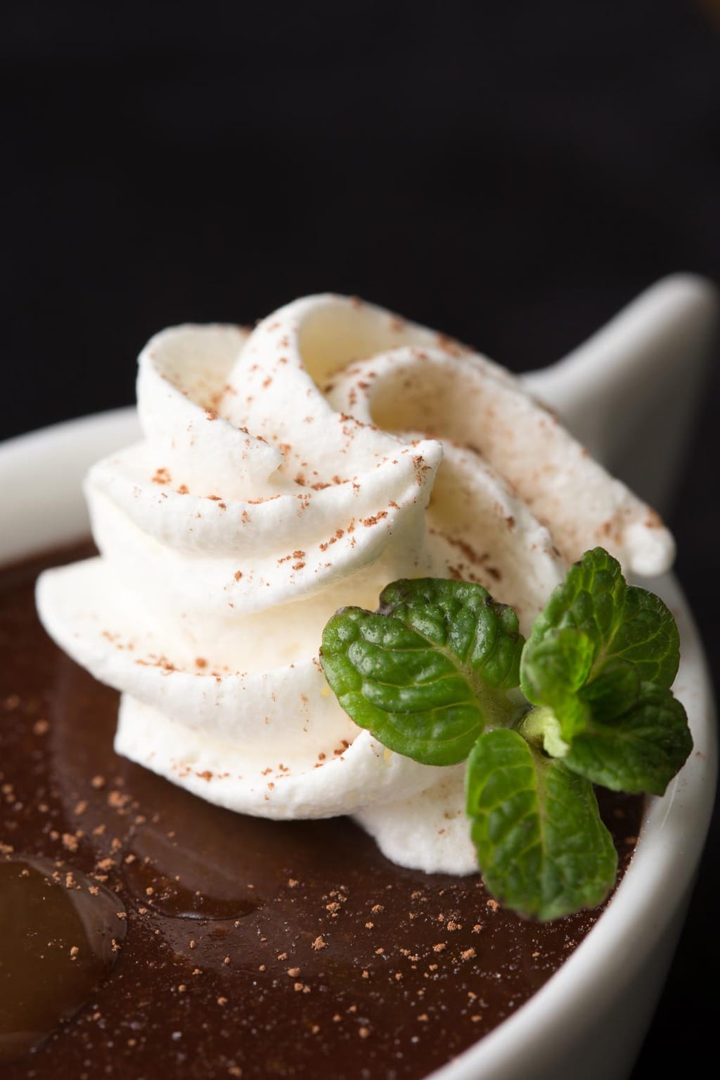 Closeup photo of a cup with Blender Chocolate Pots de Crème, garnished with whipped cream, a sprinkle of cocoa powder and a sprig of mint.