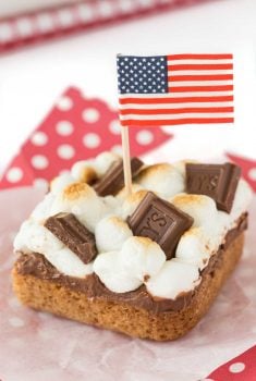 Vertical picture of Blondie S'Mores Bars with an American Flag in the center