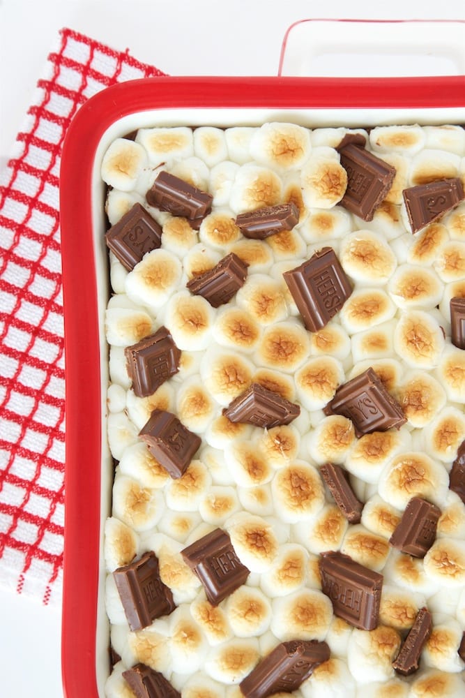 Close up picture of Blondie S'mores Bars in a red and white pan