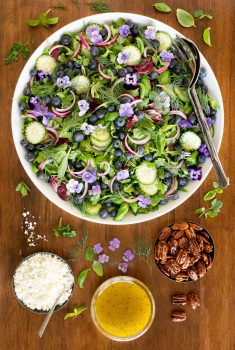 Vertical overhead picture of Blueberry Arugula Herb Salad in a large white bowl