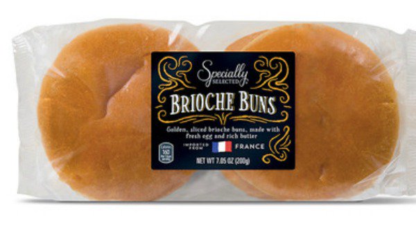 Stock photo of Aldi-brand Brioche Buns in their plastic package.
