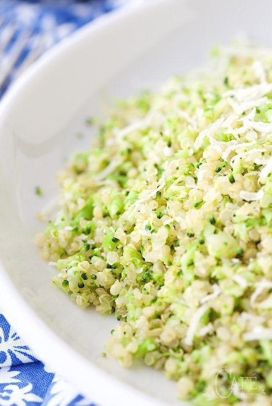 Vertical close up photo of Broccoli Parmesan Quinoa in a white bowl.