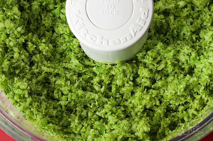 close up picture of broccoli in food processor